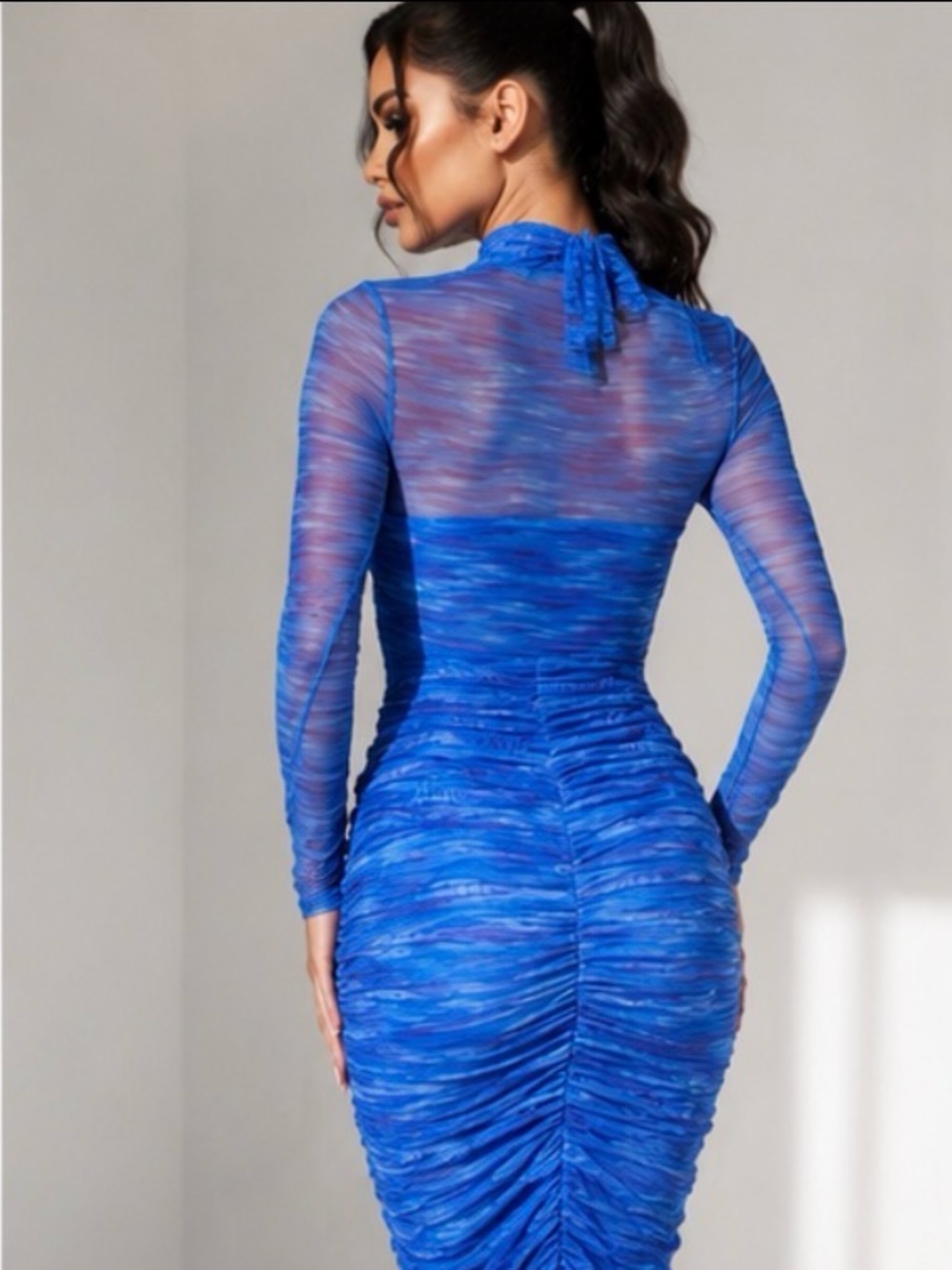 AKIRA Aqua Babe Blue Mesh Ruched Midi Dress Size Small - Picture 2 of 16